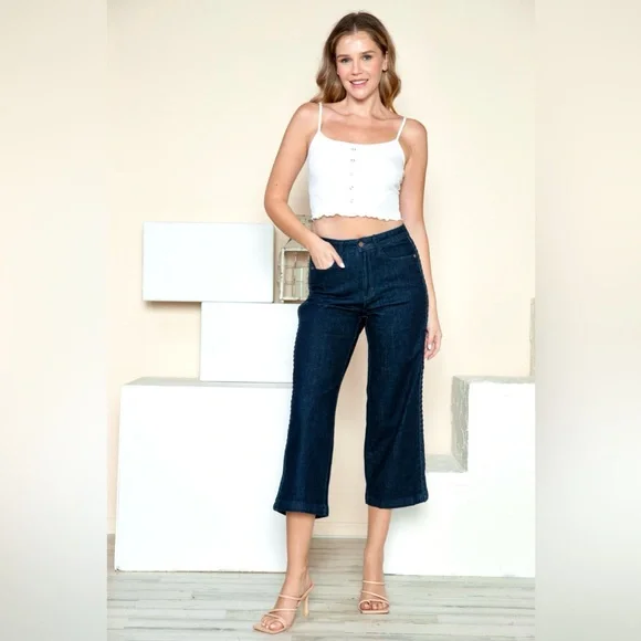 Judy Blue Side Seam Braid Detail Crop Wide Leg Jeans - Picture 2 of 7